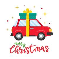 Red car on Christmas day carrying big gift box vector