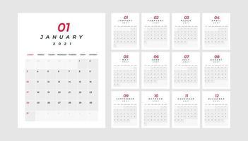 Calendar 2021, 12 month in clean minimal table vector