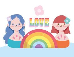 dibujos animados de chicas con arcoiris lgbti vector