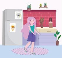 chica con nevera y mostrador en la cocina vector