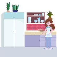 Girl with baked bread in the kitchen vector