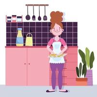 Girl with fruits slices on cutting board in kitchen vector
