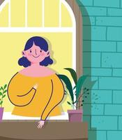 Woman looking at the window with potted plant  vector