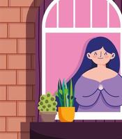 mujer mirando por la ventana con planta en maceta vector