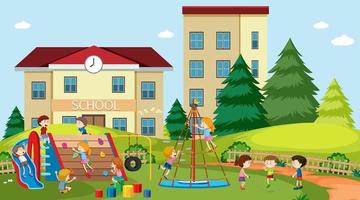 Active boys and girls playing outside at school  vector