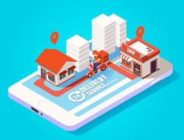 Fast delivery by scooter on mobile isometric concept vector