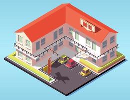 Isometric motel building with parking vector