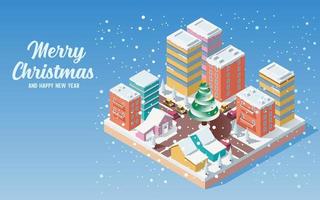 Isometric cute Christmas town with snow falling vector