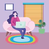 mujer joven, en, habitación, con, computador portatil vector