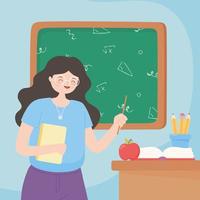 Teacher with paper, book, apple, and pencils vector