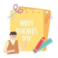 Male teacher, crayon, ruler, scissors, clips, and papers vector