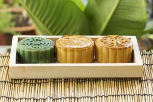 Moon cake on wooden tray
