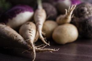 root vegetables from the garden on a brown background photo