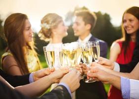 Wedding guests clinking glasses photo