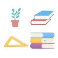 pila de libros, regla triangular e iconos de plantas vector