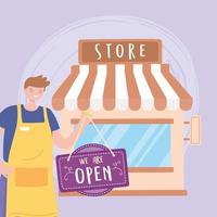 Shop store exterior billboard and employee with apron vector