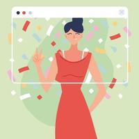 Virtual party woman with dress and confetti  vector