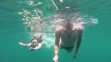 pareja joven nadando juntos en mar abierto. video