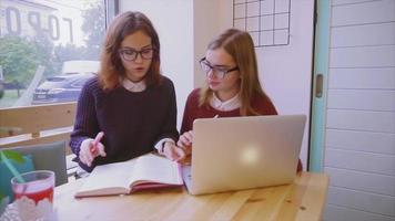vrouwelijke studenten studeren in het café twee meisjesvrienden die samen leren video