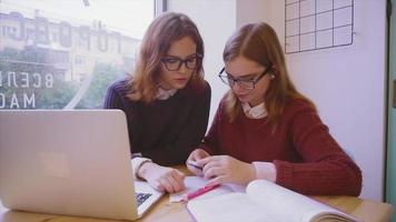 Estudiantes universitarias estudiando en el café dos amigas aprendiendo juntas video