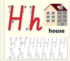 Letter H tracing alphabet worksheet with house vector