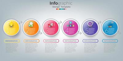 Plantilla de línea de tiempo infográfica con círculos de colores de 6 pasos vector