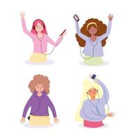 Girls listening to music icon set vector