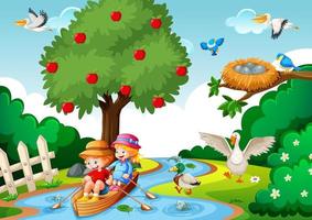 Children row the boat in the stream forest scene vector