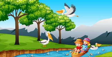 Children row the boat in the stream forest scene vector