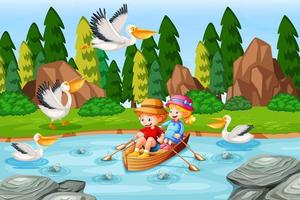 Children row the boat in the stream forest scene vector