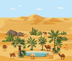 oasis en el desierto con palmeras y camello paisaje natural vector