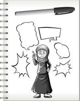 Muslim girl thinking with shape doodle on notebook on white background vector