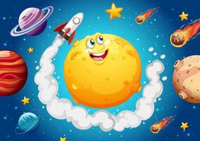 Moon with happy face on space galaxy theme background vector