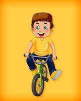 niño musulmán feliz montando bicicleta vector
