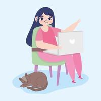 Mujer trabajando de forma remota con un portátil y un gato vector