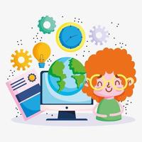 niño con computadora e iconos educativos vector