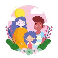 Mother father and daughter with leaves and flowers vector