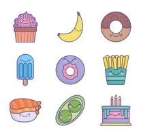 conjunto de iconos de comida de dibujos animados lindo vector