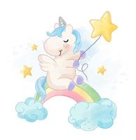 lindo unicornio con cinta y arco iris de colores vector