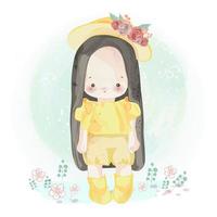 Hand drawn cute little girl in yellow vector