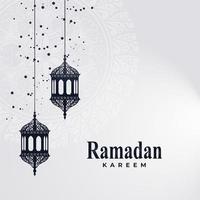 Ramadhan Kareem card with hanging lanterns and emblem vector