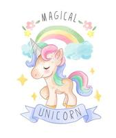 lindo unicornio sentado en un arco iris con estrellas vector