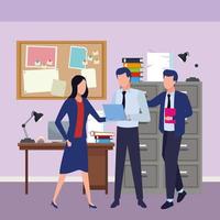 Business coworkers in office with supplies vector