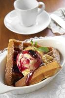 close up waffle and vanilla icecream photo