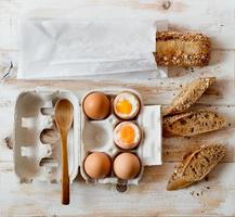 Soft boiled eggs and wholemeal bread.