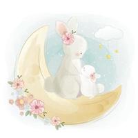 Mommy and Baby Bunny on the Moon vector