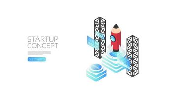 Isometric startup concept with pencil rocket vector