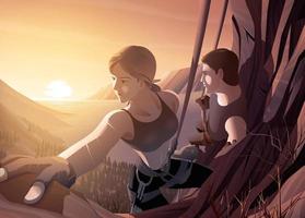 Young couple climbing cliff together with beautiful scenery vector