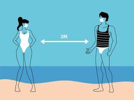 Couple of people on the beach keep social distance vector