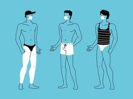 hombres en la playa con mascarilla vector